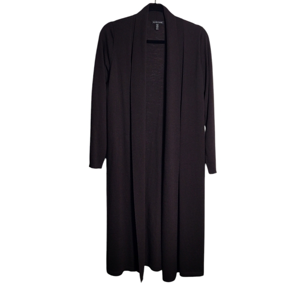 EILEEN FISHER Women's Open Front Long 100% Wool Dark Brown Cardigan Size XSmall - Picture 1 of 16